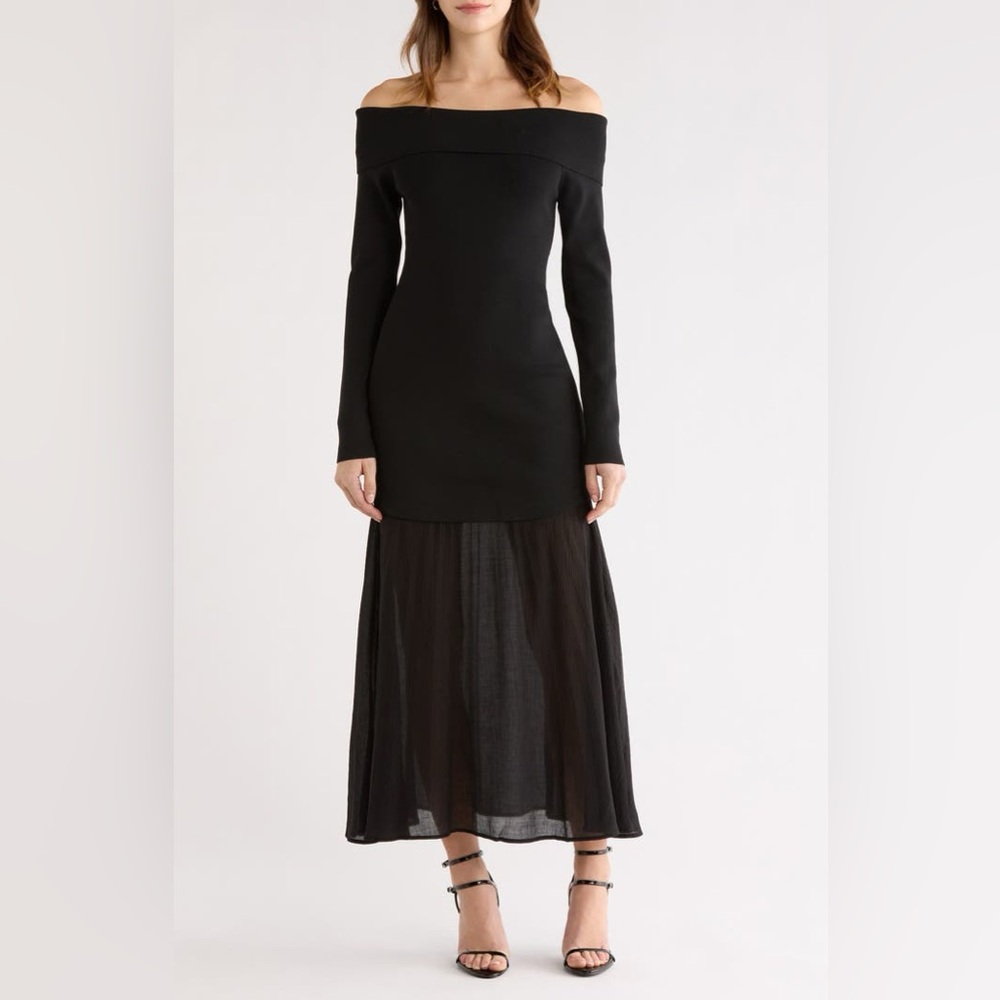 Astr the Label Lidia Mixed Media Off the Shoulder Long Sleeve Dress